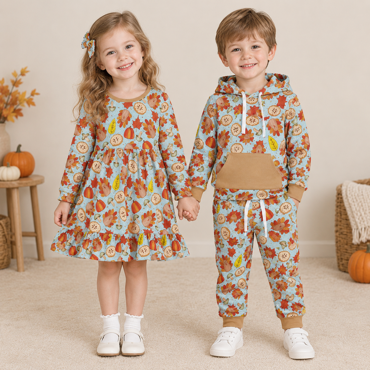 RTS NO MOQ Sibling milk silk Baby Kids Thanksgiving Turkey Pumpkin Print Long Sleeve Dress Hoodie Pant Set