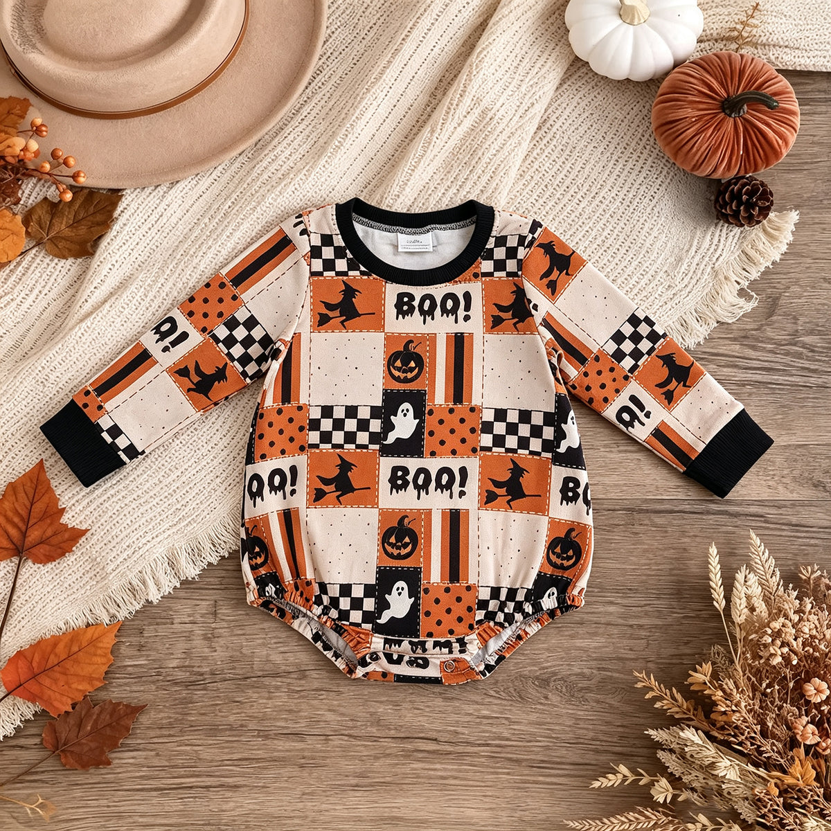 NEW RTS NO MOQ milk silk LR3239 Baby Boys Long Sleeve Ghost Pumpkins Print Halloween Romper