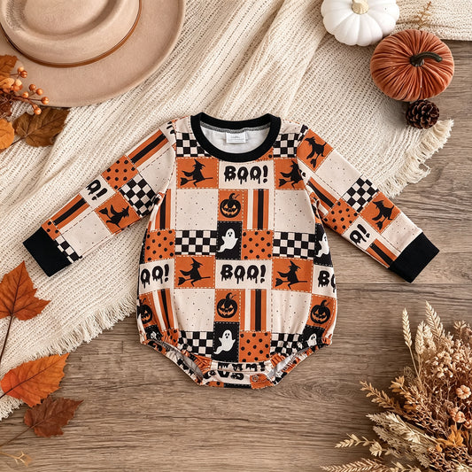 NEW RTS NO MOQ milk silk LR3239 Baby Boys Long Sleeve Ghost Pumpkins Print Halloween Romper