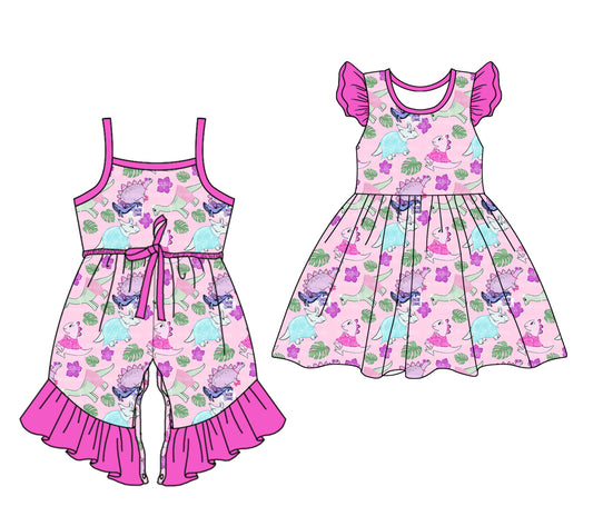 4.11 custom each style moq 5eta 4-6week Sibling Sister dinosaur baby girl short sleeve dresses and jumpsuit match design