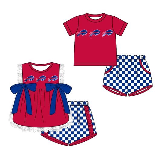 Custom moq 5 mix size milk silk summer teams Red  Girl Sleeveless Top And Plaid Shorts Set with Bow Boy Short Sleeved Top And Plaid Shorts Set