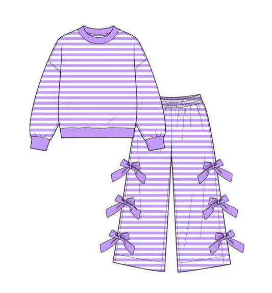 custom moq 5 mix size Toddler Girls Purple Stripe  Long Sleeve Top And Bow Wide Leg Pants Outfit Set