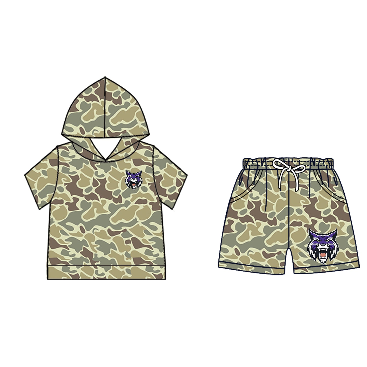 Custom moq 5 mix size milk silk summer teams Baby Camo Hooded Short Sleeve Top and Shorts Set Purple Ice Cream Drips Hooded Top with Matching Shorts
