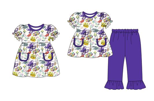 25.9.10 custom each style moq 5eta 4-6week Sibling Sisters mardi gras baby girl long sleeve pants sets and dress match family design