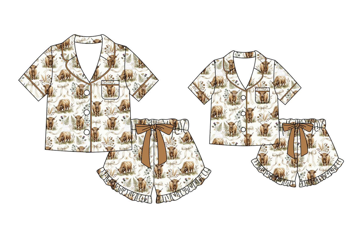 3.9 Custom moq 5 mix size Sibling Mom And Me Brown Pajama Set Short-Sleeved Top And Shorts Matching Sleepwear