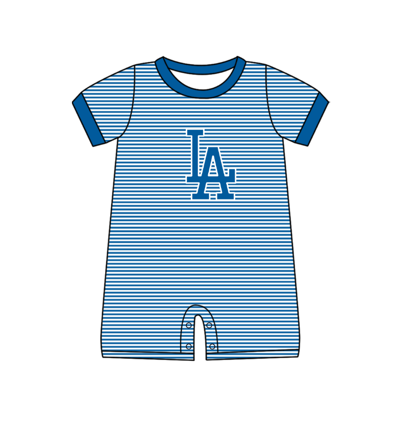 Custom moq 5 mix size milk silk summer teams Baby Boys And Girls Blue Short-Sleeved Shirt And Shorts Set Matching Striped Rompers Outfit Set