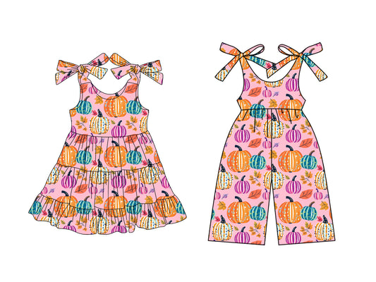 25.6.11 custom each style moq 5eta 4-6week Sibling Sister pumpkin floral baby girl short sleeve dresses and jumpsuit match design