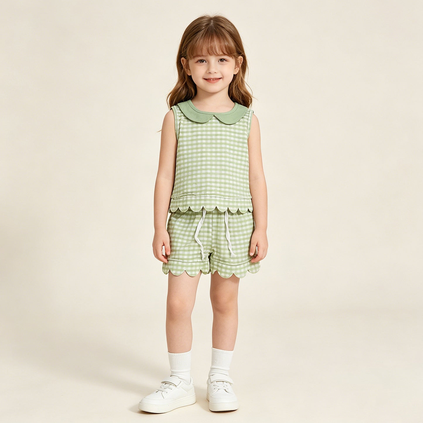 RTS NO MOQ milk silk GSSO3398 Baby Girls Cute Green Check Collar Top Scallop Casual Wear Set