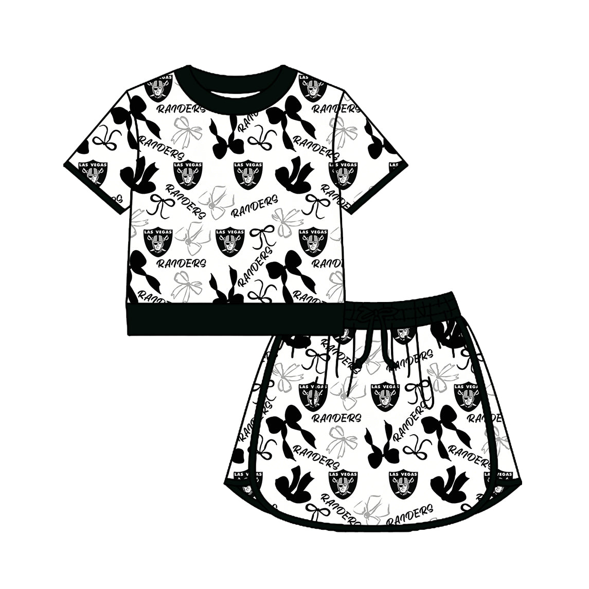 Custom moq 5 mix size summer teams Girls Black Polka Dot Top Shorts Set Bows Print Top Skirt Set Zipper Pullover Pants Set