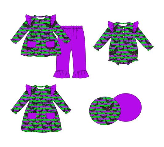 25.7.29 custom each style moq 5eta 4-6week Sibling Sisters bat purple baby girl long sleeve pants sets and dress and rompers match family design