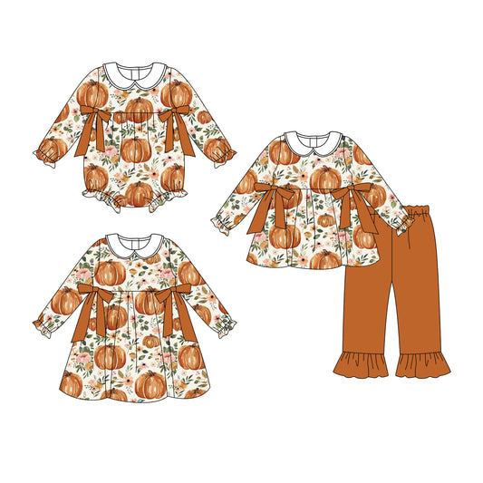 25.7.31 custom each style moq 5eta 4-6week Sibling Sisters pumpkin baby girl long sleeve pants sets and dress and rompers match family design