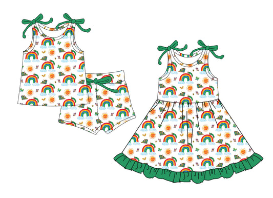 4.14 custom each style moq 5eta 4-6week Sibling Sister rainbow baby girl short sleeve shorts sets and dresses match design