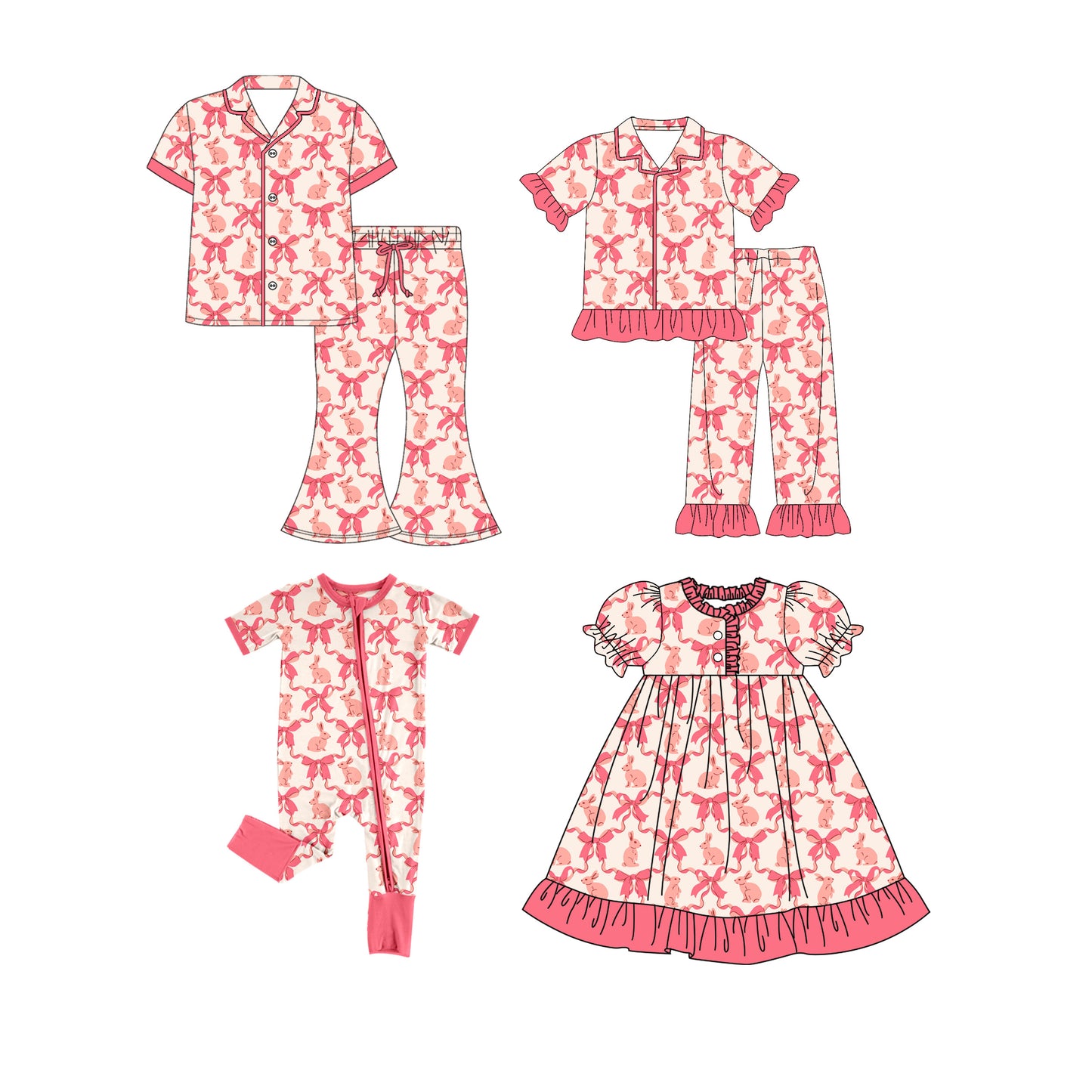25.9.26 custom each style moq 8 eta 6-8week Sibling Sister bunny bow baby short sleeve pants seta and dress and romper and adult set match design