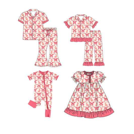 25.9.26 custom each style moq 8 eta 6-8week Sibling Sister bunny bow baby short sleeve pants seta and dress and romper and adult set match design
