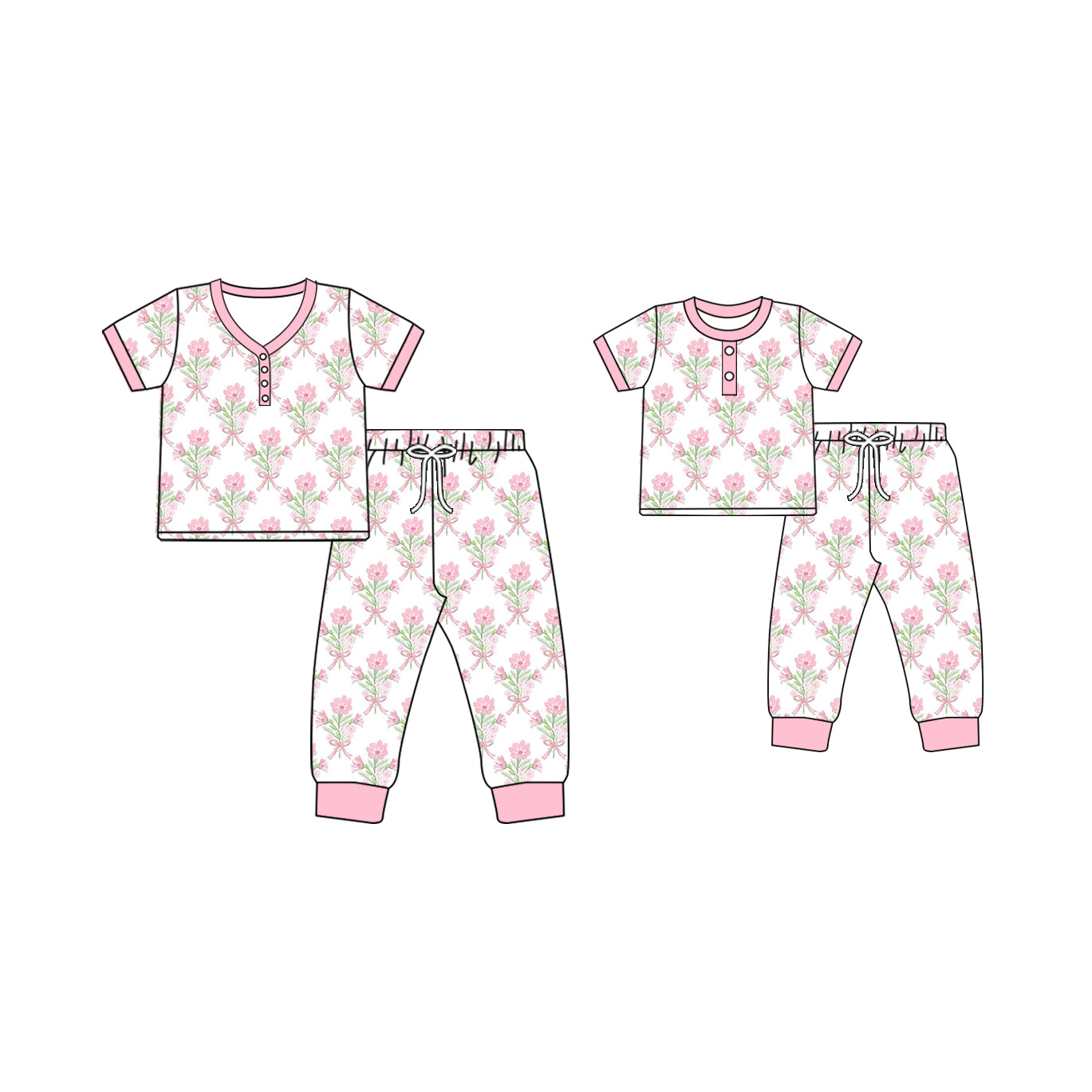 12.2 custom each style moq 5eta 4-6week Sibling Sister floral bow baby girls short sleeve pants sets and adult sets match design