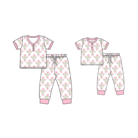 12.2 custom each style moq 5eta 4-6week Sibling Sister floral bow baby girls short sleeve pants sets and adult sets match design