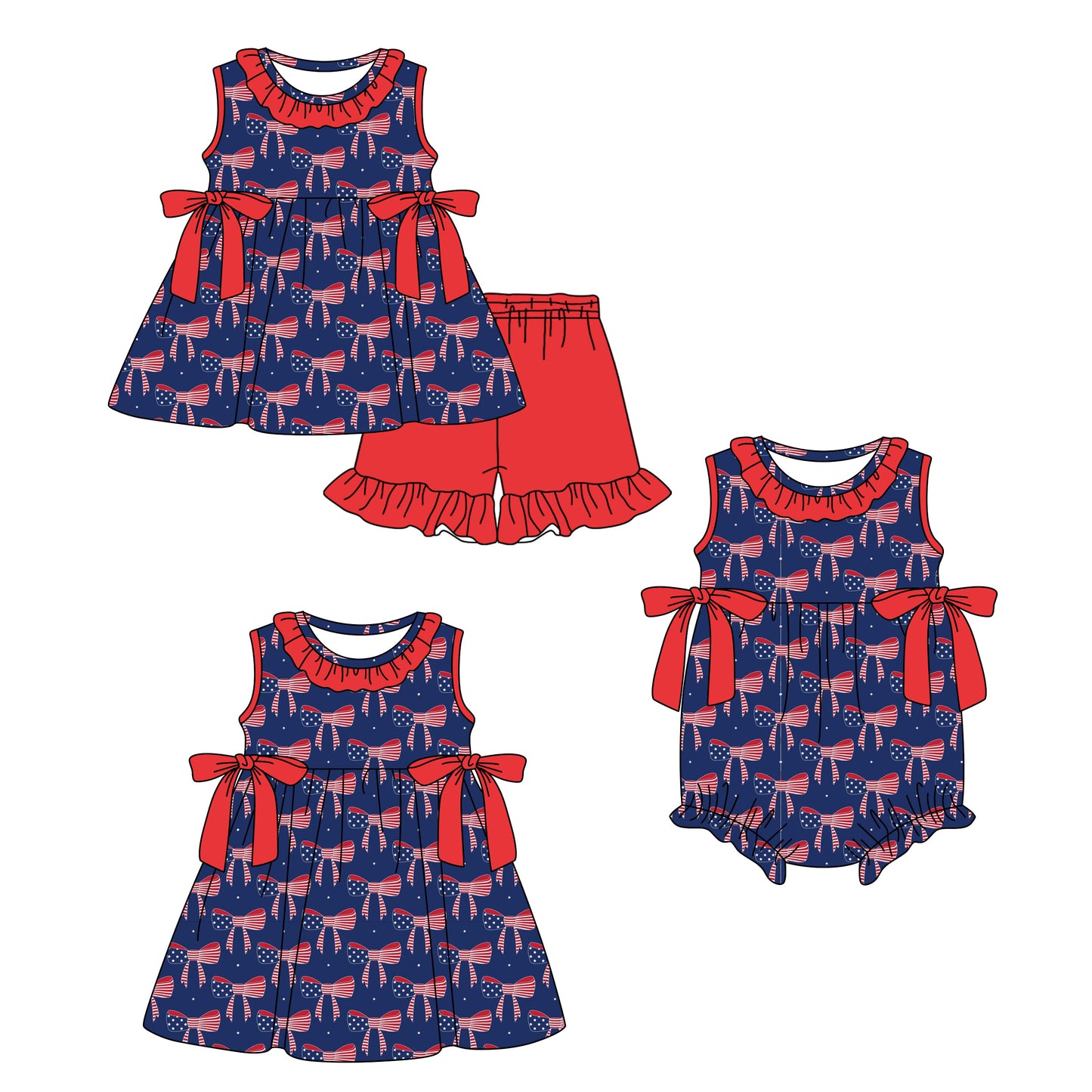 3.18 Custom moq 5 mix size Sibling Baby Girl's 4th of July Bow Sleeveless Tunic Ruffle Shorts Set Cute Romper Dress for Summer