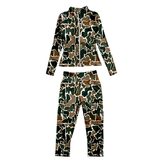 7.3 custom each style moq 5eta 4-6week baby girls clothes camouflage green Yoga Suit Zipper Long Sleeve Pants Set