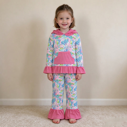 NEW RTS NO MOQ milk silk GLP3518 Baby Girls Sea Plants Pocket Ruffle Hoodie Pants Clothes Sets