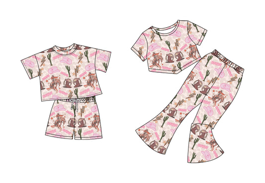 4.25 custom each style moq 5eta 4-6week Sibling Sisters riding horse boots hat baby girl short sleeve shorts sets and pants sets match family design