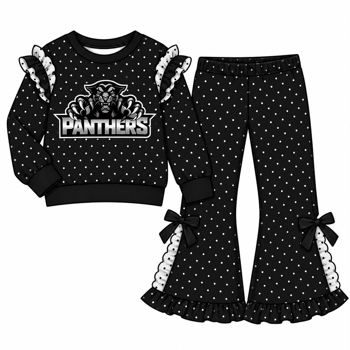 custom moq 5 mix size VICTORIA0107 Baby Girls Ruffle Outfit Long Sleeve Top And Bow Flare Pants Team Set