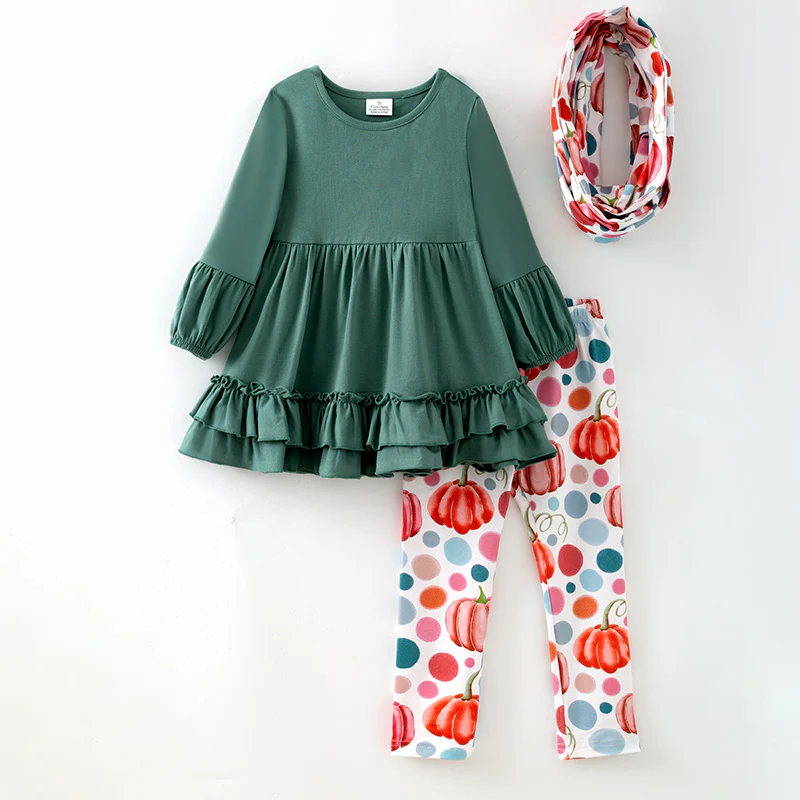 Custom moq 5 each style eta 6-7weeks baby girls summer pumpkin green long sleeve pants sets -25.7.16