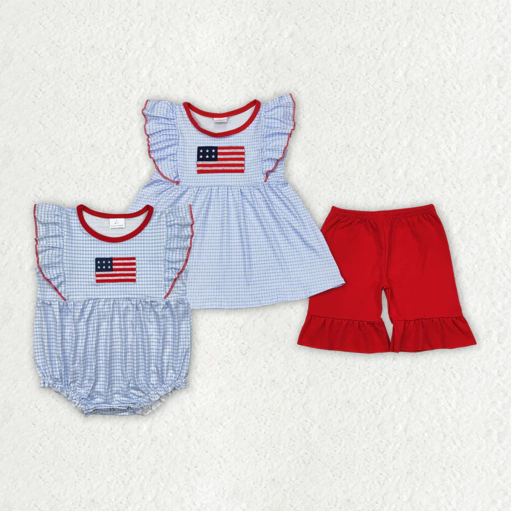 RTS NO MOQ baby girls clothes 4th of july embroidery short sleeve Rompers Clothes Sets