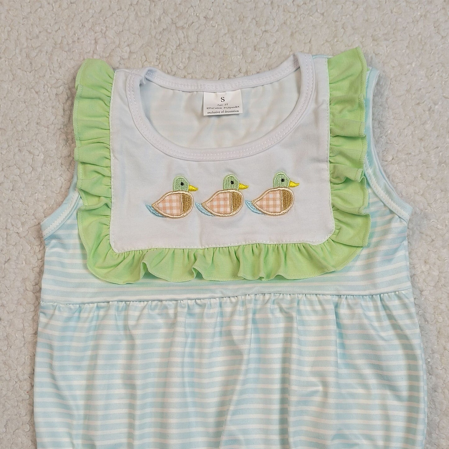 RTS NO MOQ SR4082 Toddler Girls Sleeveless Stripe Duck Embroidery Hunting Ruffle Rompers