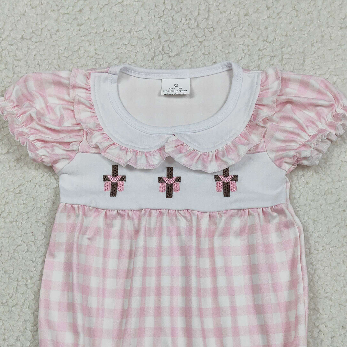 RTS NO MOQ SR3756 Pink Checked Embroidery Crosses Ruffle Rompers for Baby Girls with Easter Collar