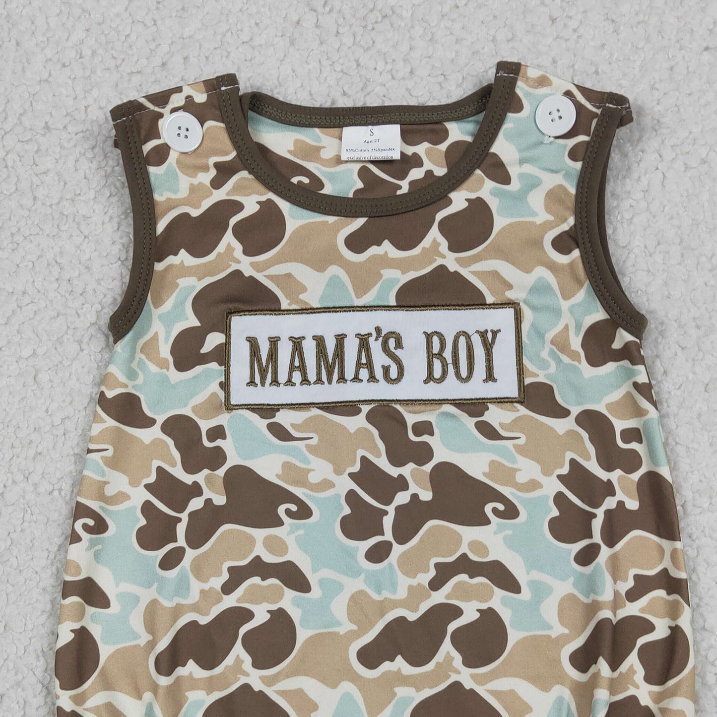 RTS NO MOQ milk silk SR3907 Toddler Cute Boys Mama's Boy Letter Embroidery Camo Casual Romper