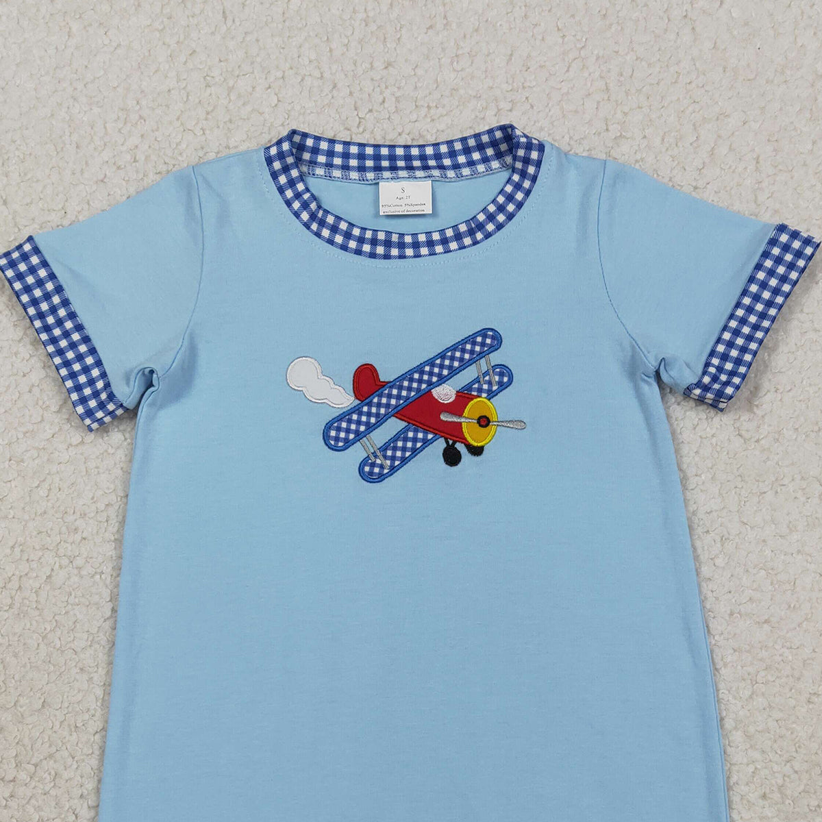 RTS NO MOQ SR3543 Baby Boys Embroidery Blue Short Sleeve Rompers