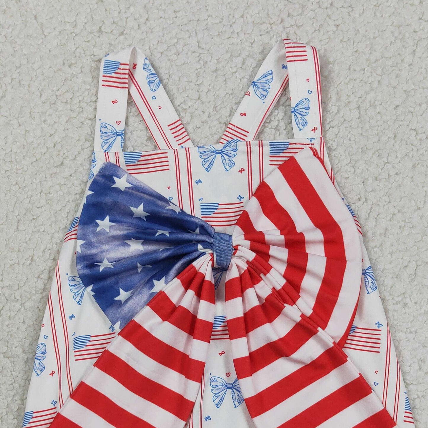 RTS NO MOQ SR3862 milk silk Baby Girls Cute Strap Flag Bow Stripe 4th of July Rompers