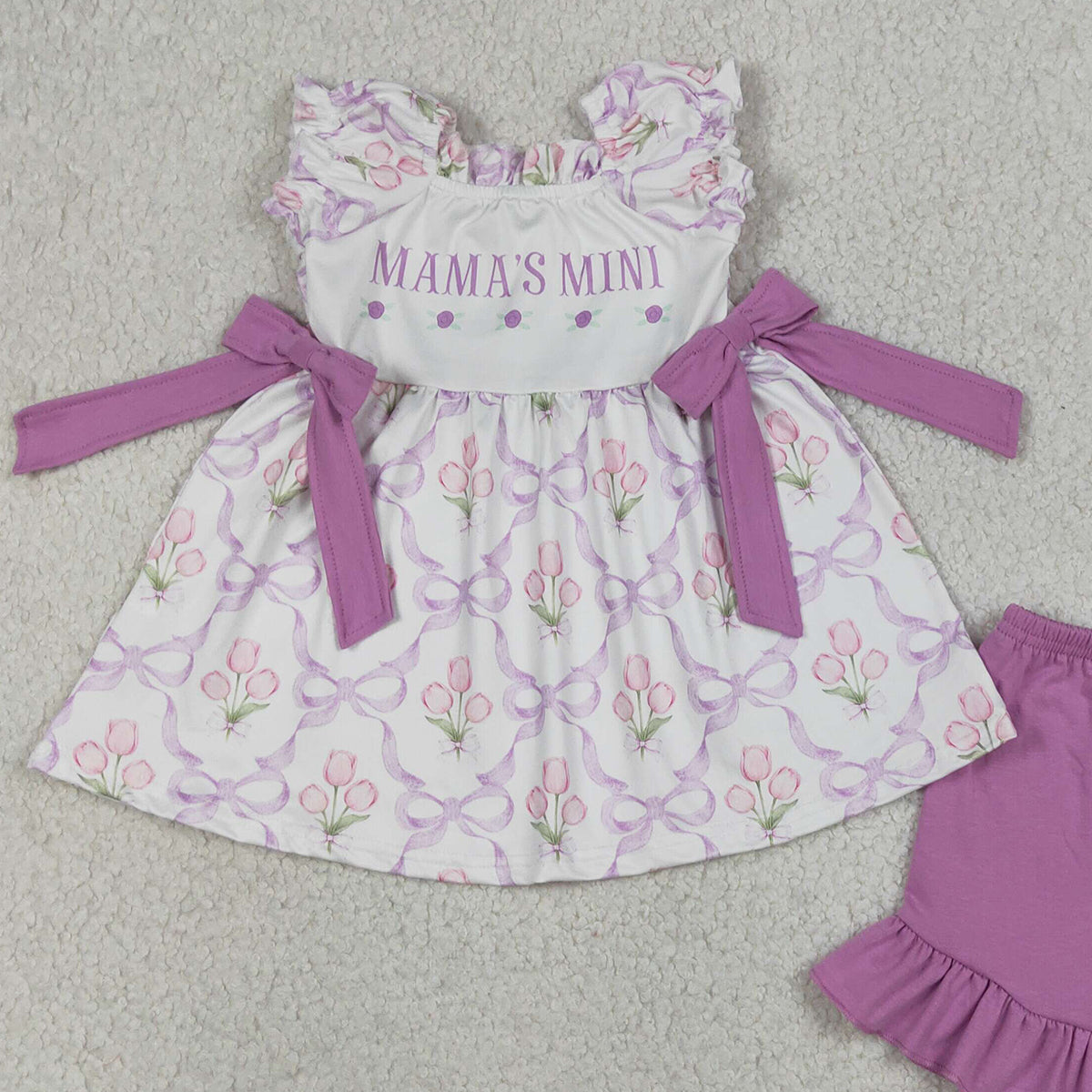 RTS NO MOQ GSSO2489  Baby Girls Mama's Mini Outfit with Bows Flowers Checked Tunic Ruffle Short Clothes Set