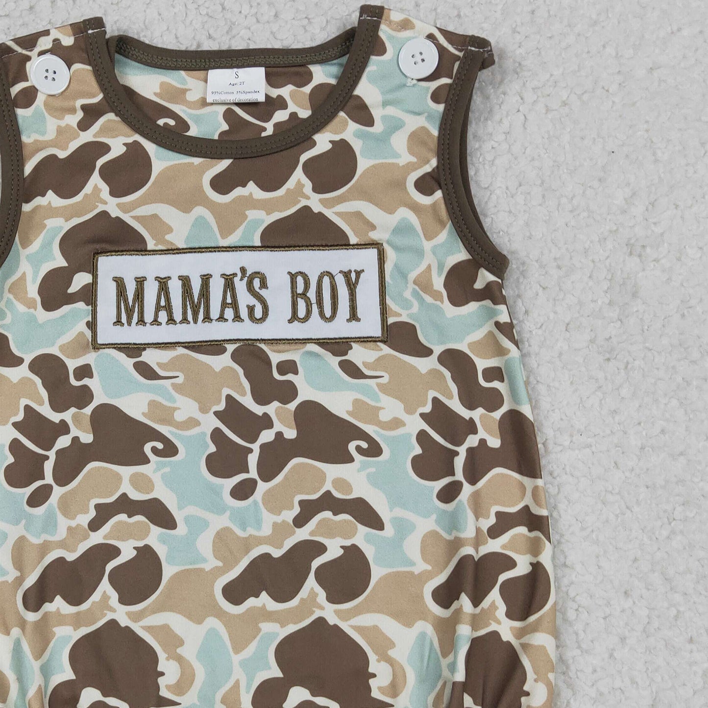 RTS NO MOQ milk silk SR3907 Baby Boys Camo Embroidery Mama's Boy Sleeveless Romper