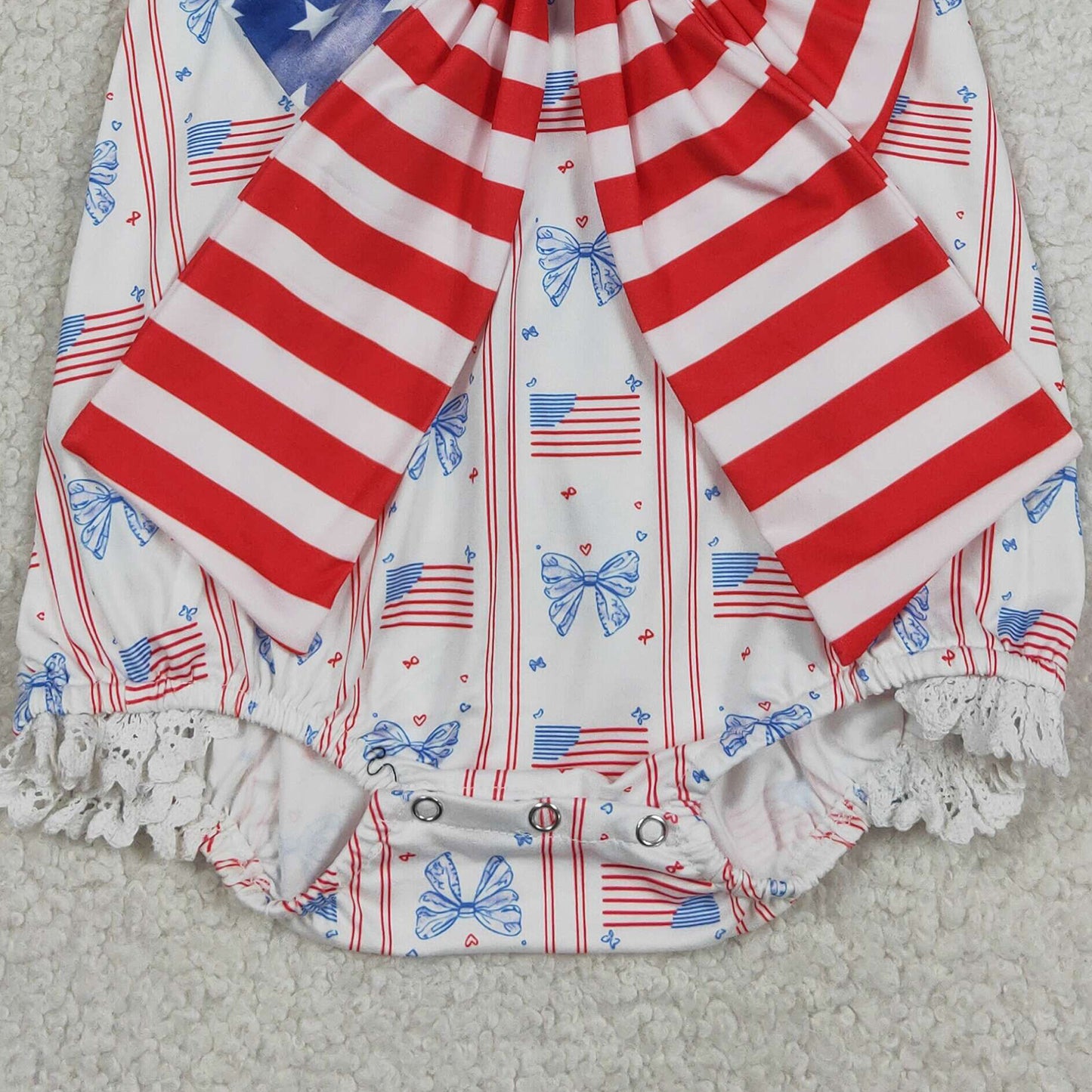 RTS NO MOQ SR3862 milk silk Baby Girls Cute Strap Flag Bow Stripe 4th of July Rompers