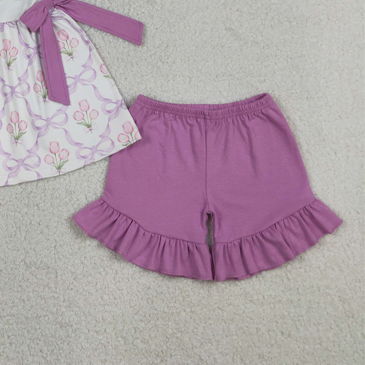 RTS NO MOQ GSSO2489  Baby Girls Mama's Mini Outfit with Bows Flowers Checked Tunic Ruffle Short Clothes Set