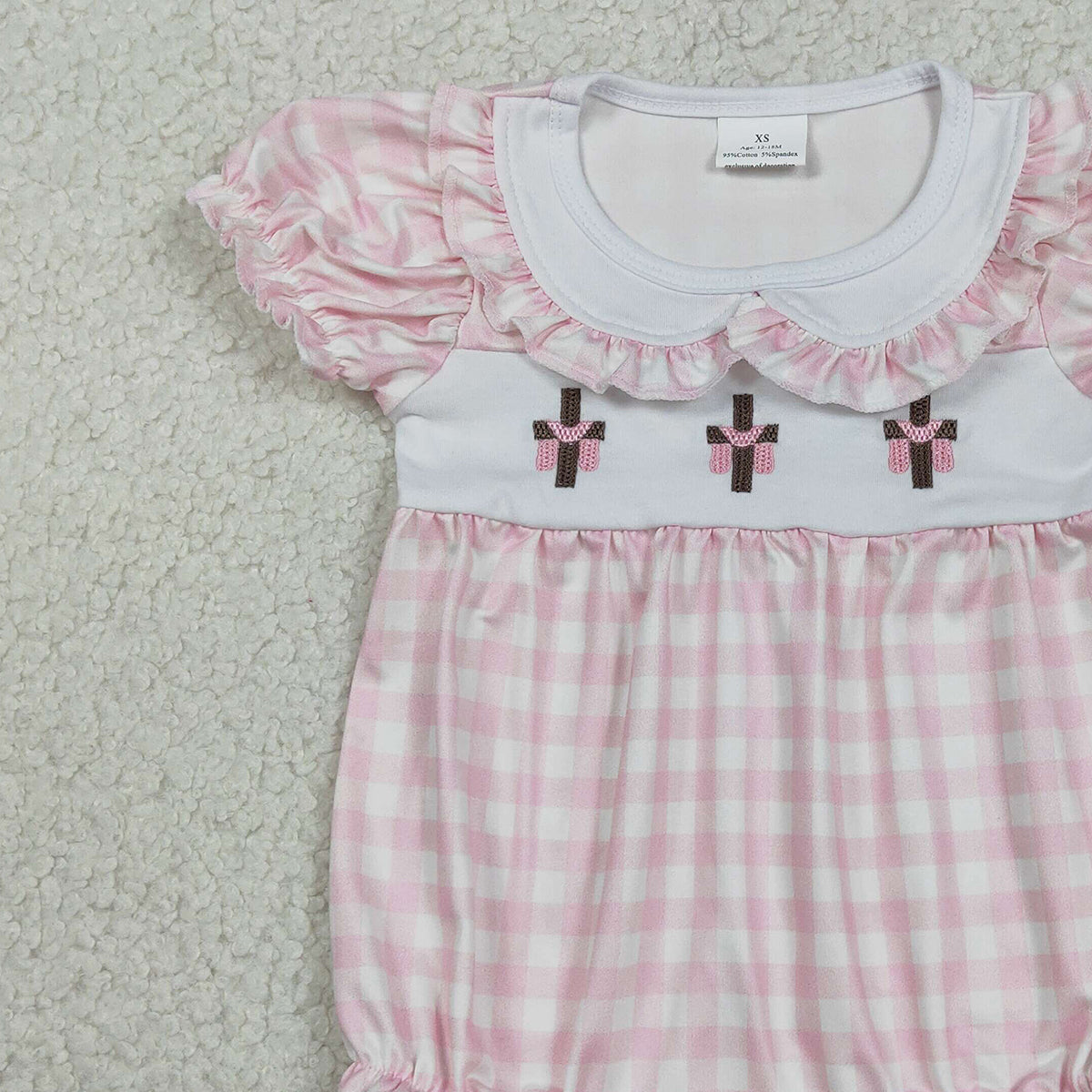 RTS NO MOQ SR3756 Pink Checked Embroidery Crosses Ruffle Rompers for Baby Girls with Easter Collar