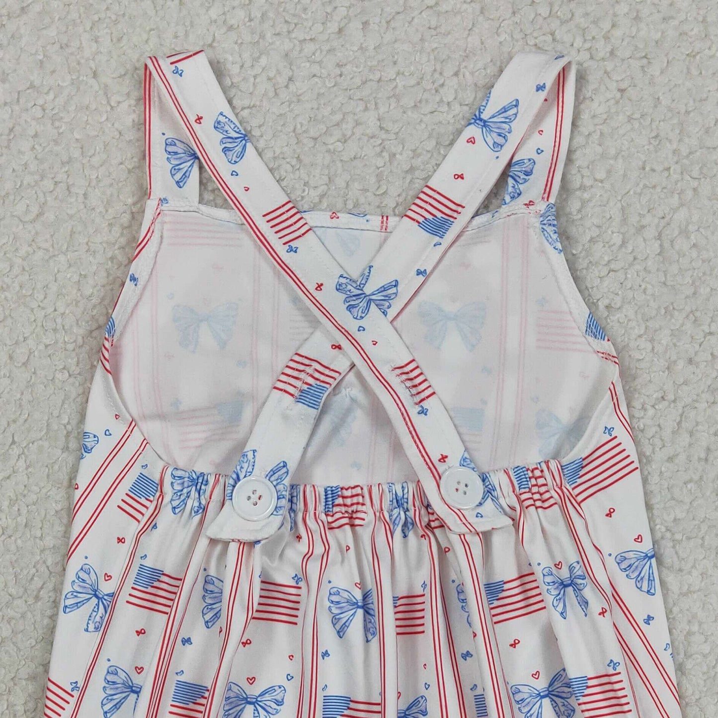 RTS NO MOQ SR3862 milk silk Baby Girls Cute Strap Flag Bow Stripe 4th of July Rompers