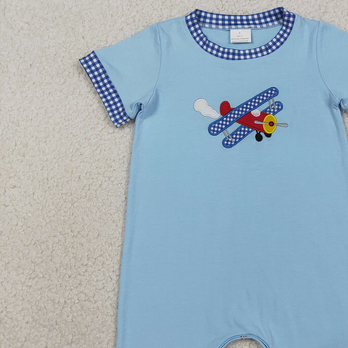 RTS NO MOQ SR3543 Baby Boys Embroidery Blue Short Sleeve Rompers
