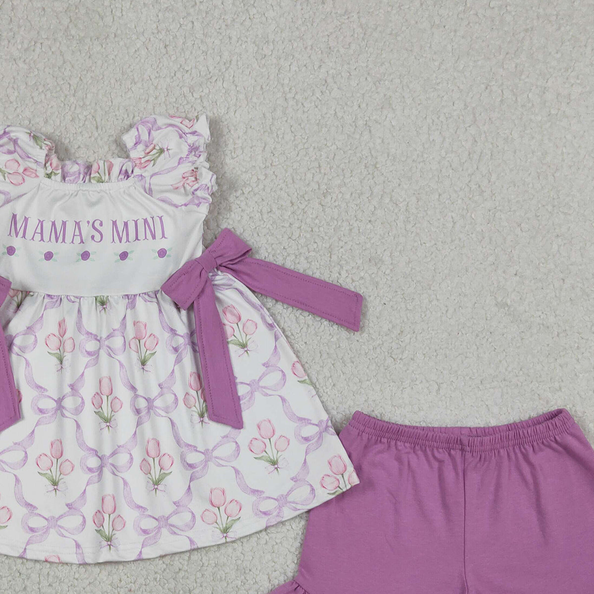 RTS NO MOQ GSSO2489  Baby Girls Mama's Mini Outfit with Bows Flowers Checked Tunic Ruffle Short Clothes Set