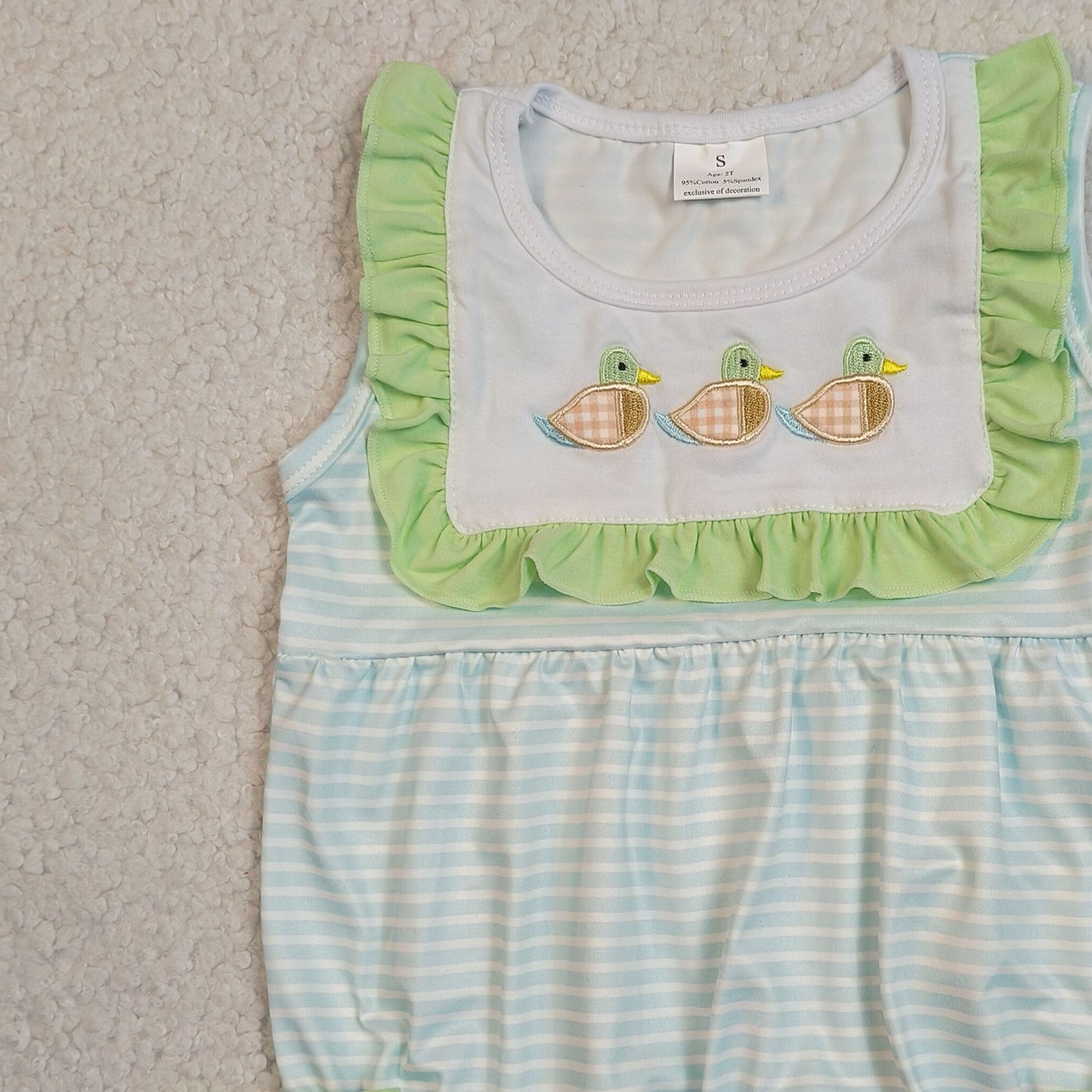 RTS NO MOQ SR4082 Toddler Girls Sleeveless Stripe Duck Embroidery Hunting Ruffle Rompers