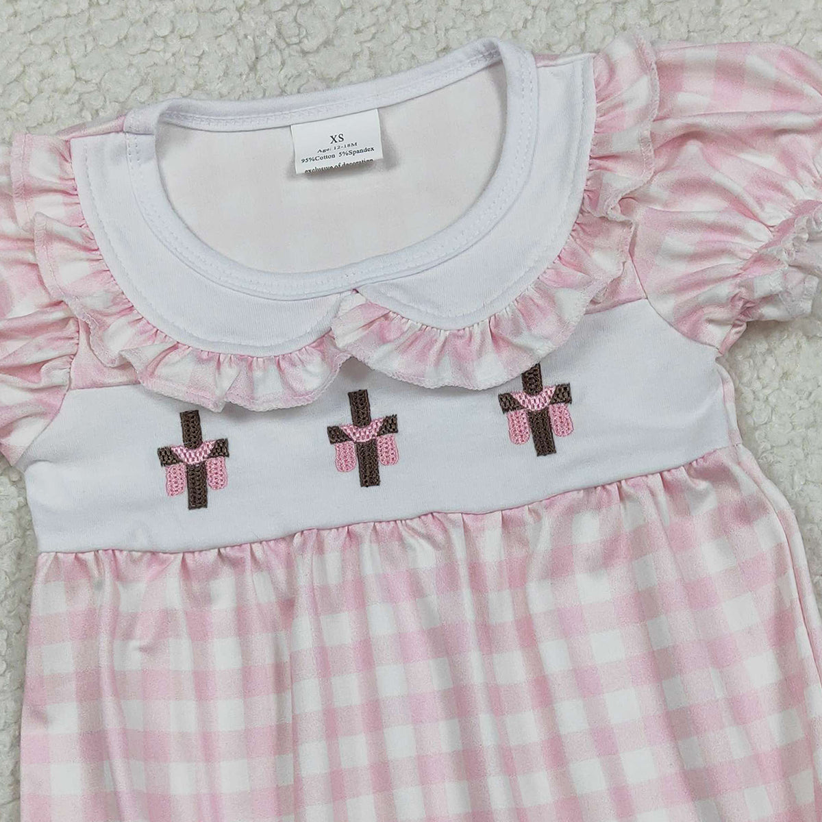 RTS NO MOQ SR3756 Pink Checked Embroidery Crosses Ruffle Rompers for Baby Girls with Easter Collar
