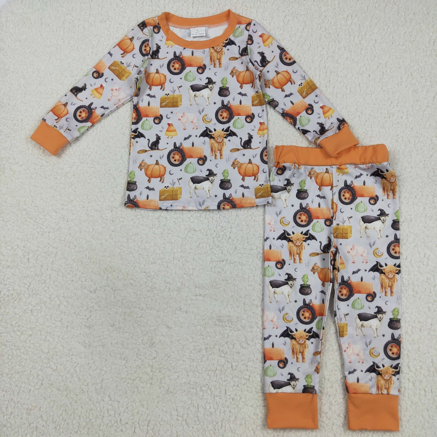 RTS NO MOQ（In Stock) BLP1179 Halloween Farm Animal Tractor Orange and Gray Long-Sleeved Pants Pajama Set
