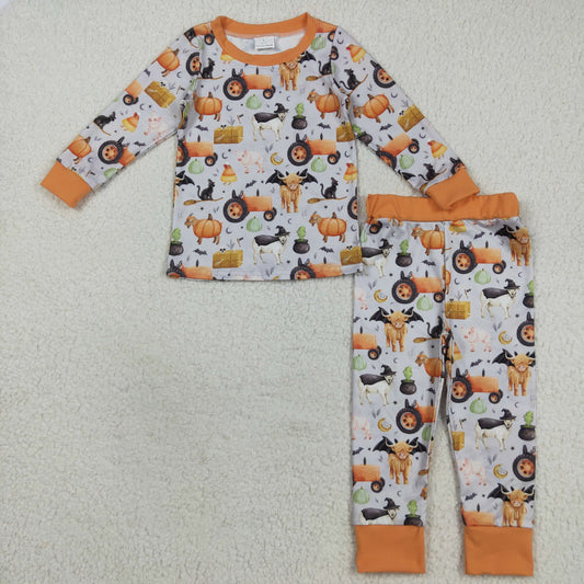 RTS NO MOQ（In Stock) BLP1179 Halloween Farm Animal Tractor Orange and Gray Long-Sleeved Pants Pajama Set