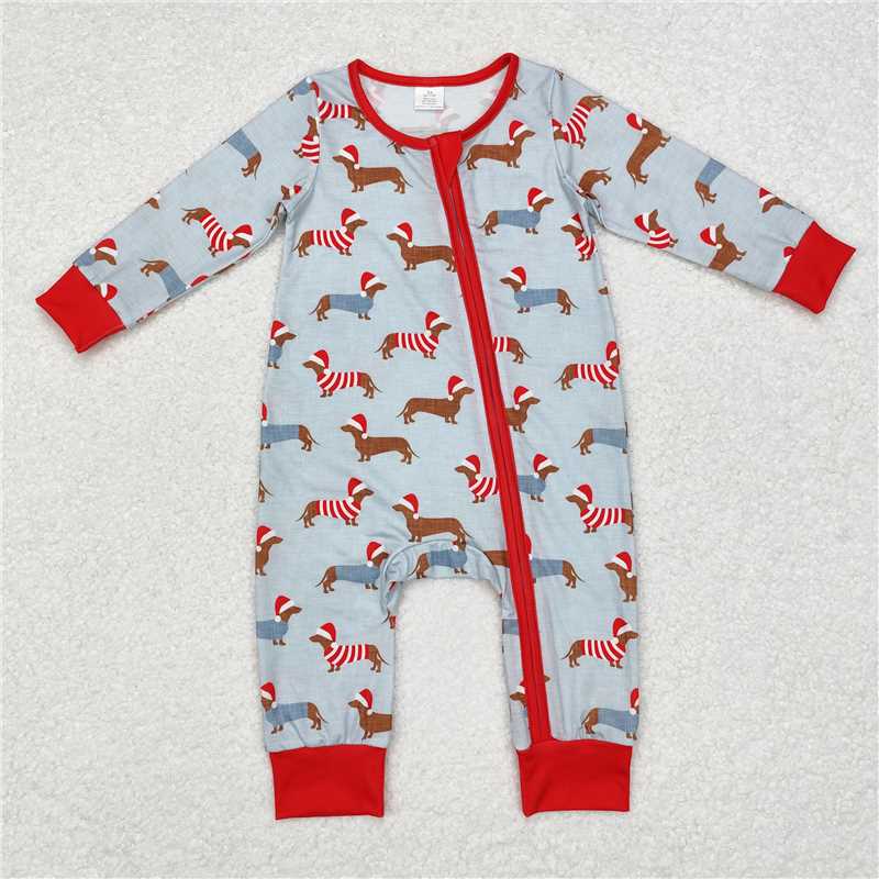 Baby Kids Christmas Dachshund Collection - Blue Pajama Set & Zipper Romper