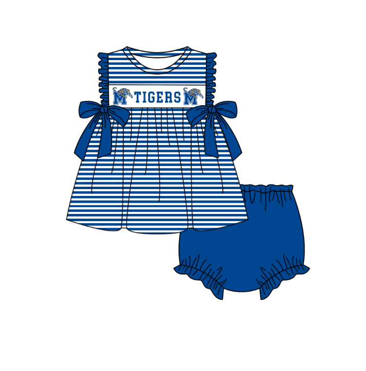 Custom moq 5 mix size milk silk summer teams Blue striped bow Tigers team series