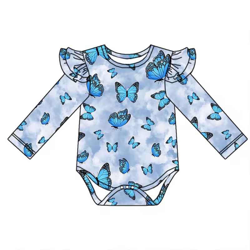 Custom moq 3 eta 6-8weeks  Blue fantasy butterfly flying sleeves long sleeve romper