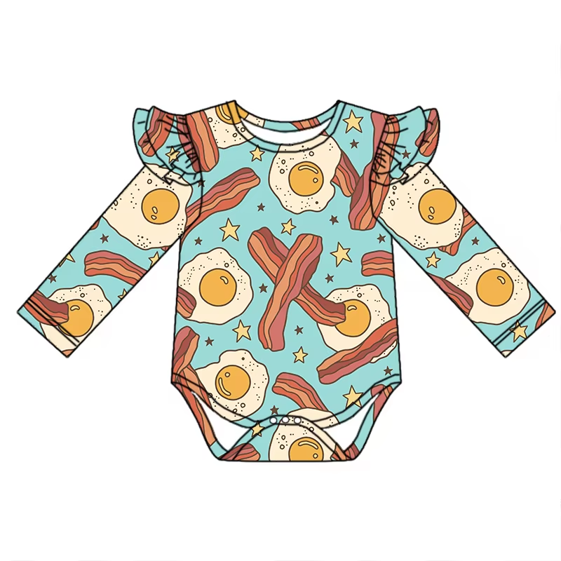 Custom moq 3 eta 6-8weeks  Deep-fried dough sticks and fried egg flying sleeves long-sleeved lake blue romper