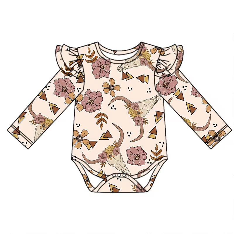 Custom moq 3 eta 6-8weeks Autumn flower long sleeve flying sleeve nude pink romper