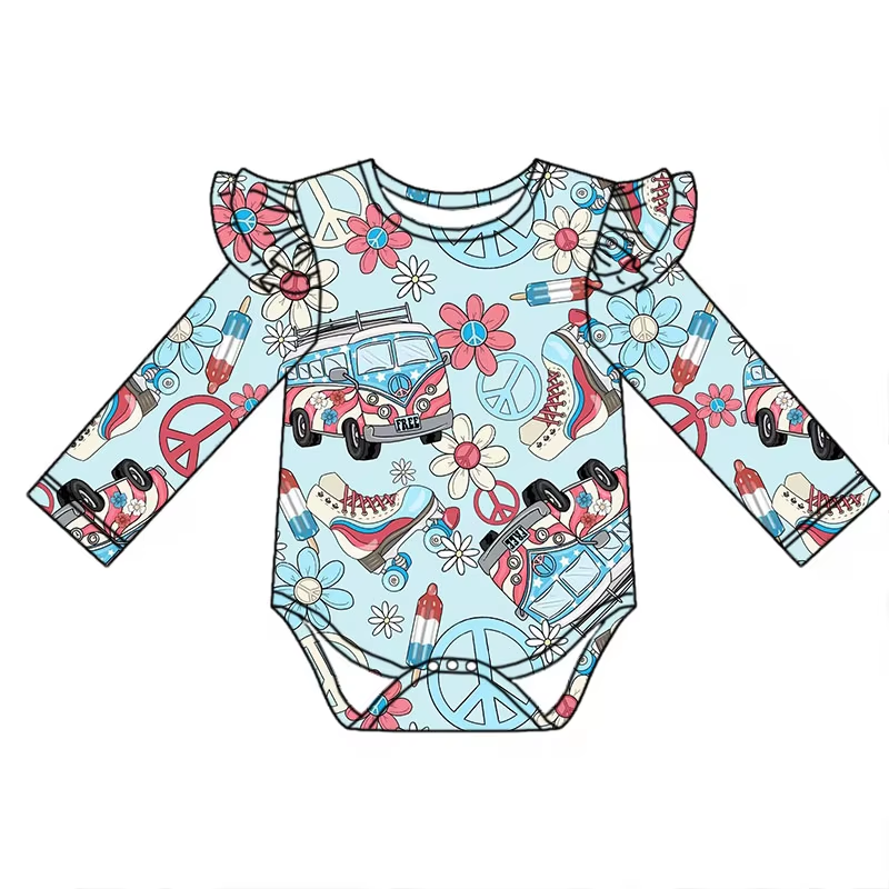 Custom moq 3 eta 6-8weeks Roller skating bus long sleeve flying sleeve light blue romper